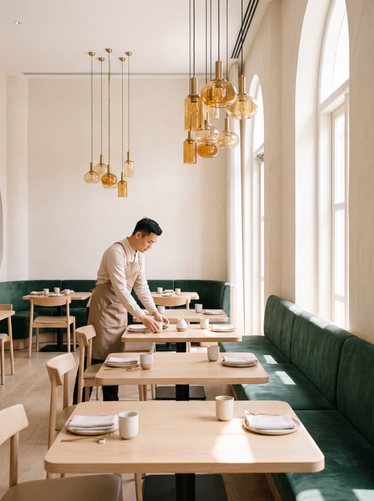 A waiter setting tables in a bright dining room with jade banquettes.